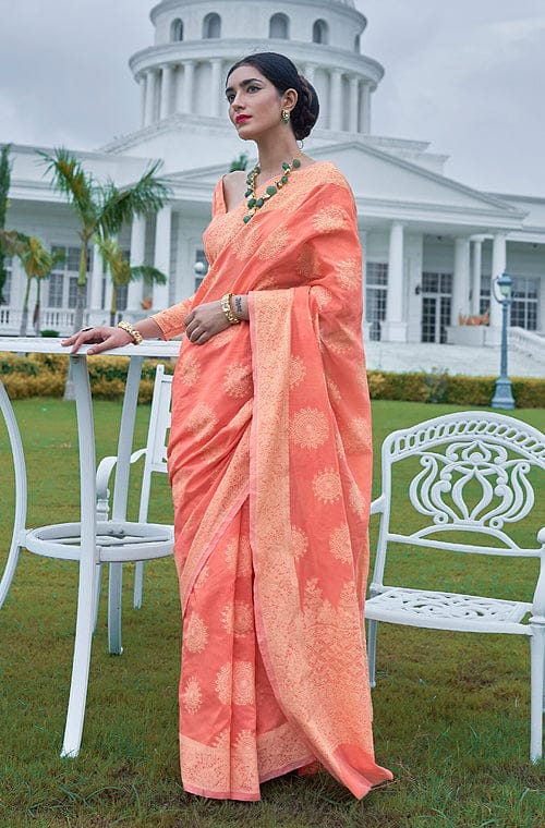 Buy Peach Zari Weaving Satin Wedding Wear Saree With Blouse From Ethnic Plus